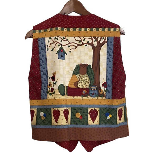 Handmade Vest Womens Medium Red Green Country Bears Cute 90s Mom Normcore - Picture 2 of 13